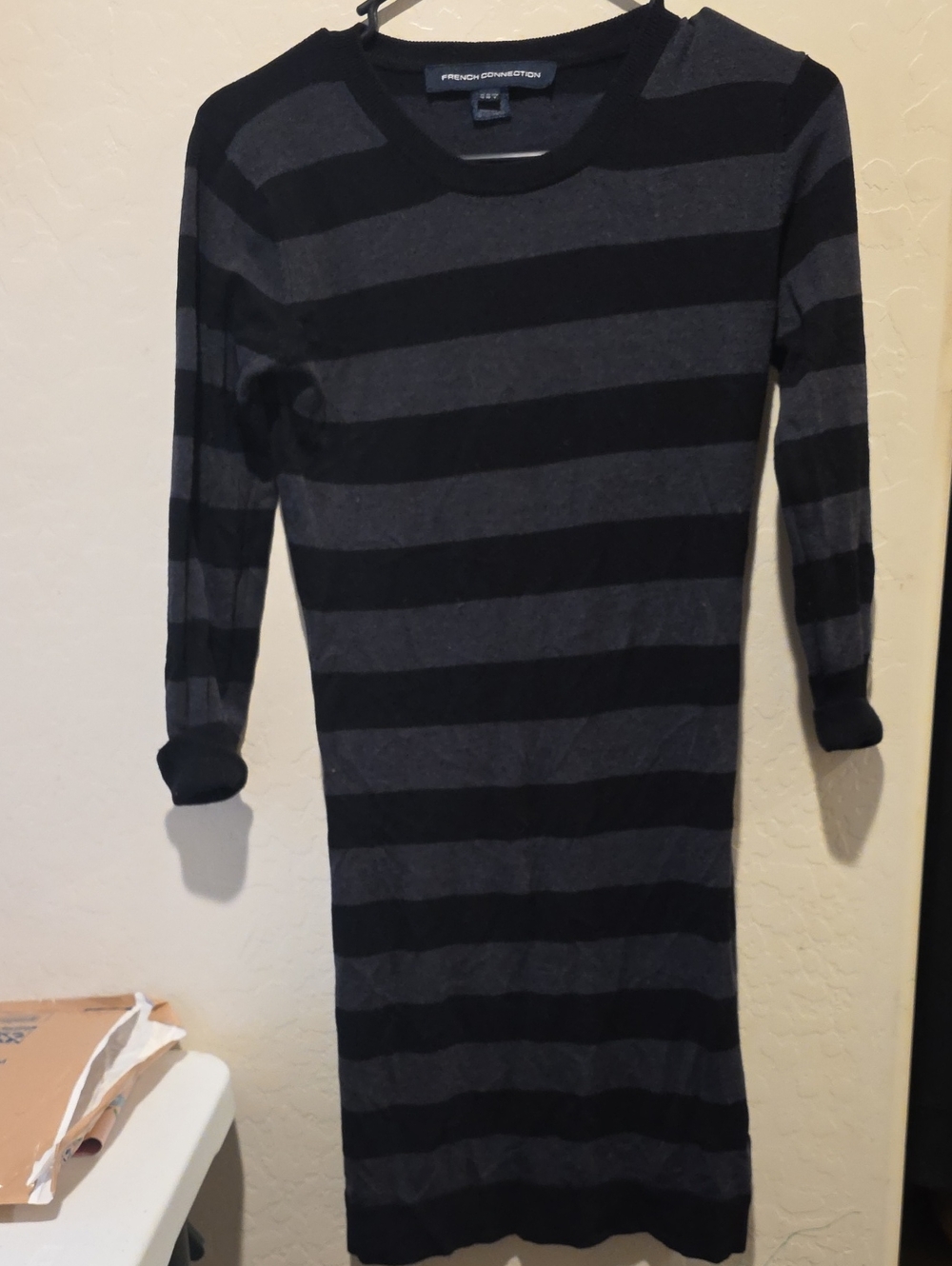 French Connection Black and Charcoal Striped Knit Dress